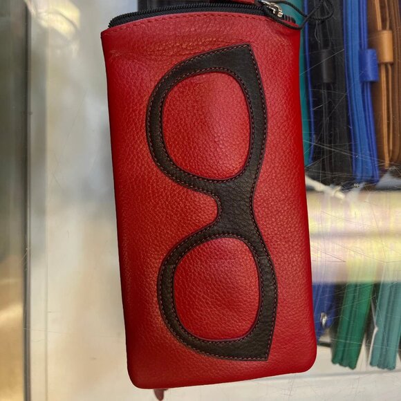 ILI New York Leather Eyeglass Case Zippered Glasses Frame Wallet Red Black NEW - Picture 4 of 10
